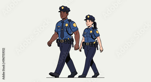 A diverse pair of police officers in blue uniforms walking side by side together