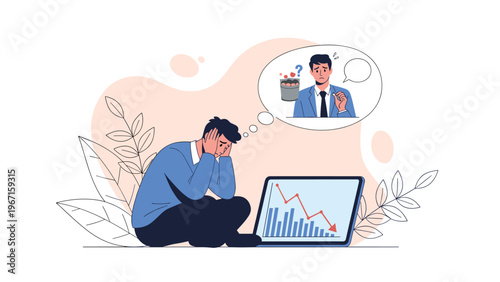 Distraught man grappling with financial problems and business losses, shown contemplating his declining investments and facing economic challenges.