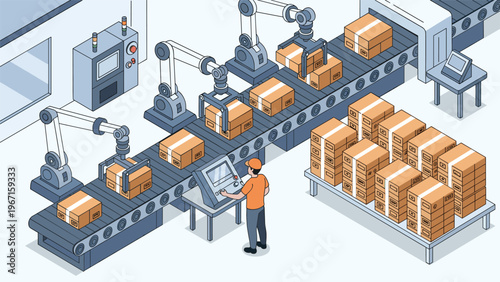 Advanced robotic arms efficiently packing and moving cardboard boxes on an automated conveyor belt system within a modern warehouse environment.