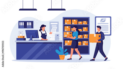 Busy post office scene where a woman is assisting a customer with paperwork, while another man handles packages, showcasing efficient mail services.