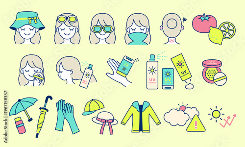 紫外線対策アイコンセット｜日焼け防止・UVケア・スキンケアの美容ベクター素材