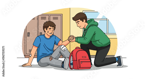 A teenage boy comforting an injured friend sitting on the floor by school lockers
