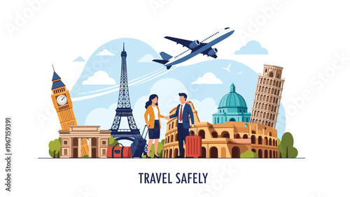 Travelers engaging in a handshake, surrounded by iconic international landmarks and a departing airplane, symbolizing safe and global travel connections.
