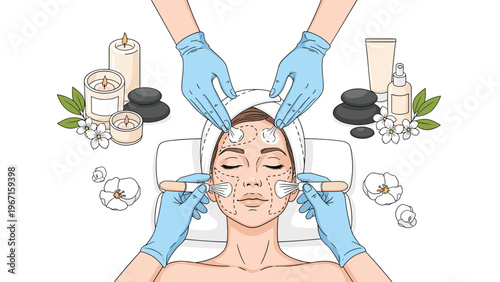 Rejuvenating face spa treatment for a woman, featuring expert hands applying cream and conducting a facial massage in a serene, luxurious setting.