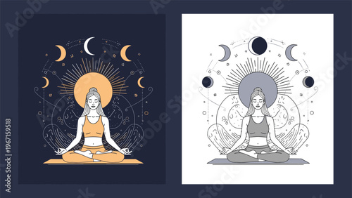 Serene woman meditating in a lotus pose, surrounded by cosmic and lunar phases, symbolizing inner peace, spiritual harmony, and celestial connection on dual backgrounds.