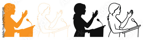 Four Colorful Silhouette Icons of Woman Speaking at Podium vector illustration