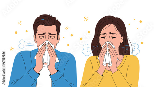 Two individuals suffering from severe allergies, both sneezing and blowing their noses into tissues, indicating seasonal allergy symptoms and discomfort.