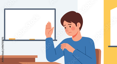 A sad young student sitting at a desk and raising his hand in a classroom