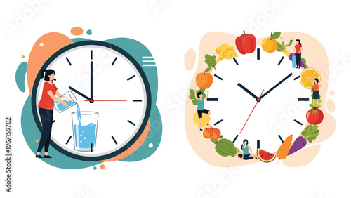 Illustrative comparison of intermittent fasting with a water clock and a healthy eating schedule with a food clock, emphasizing dietary choices.