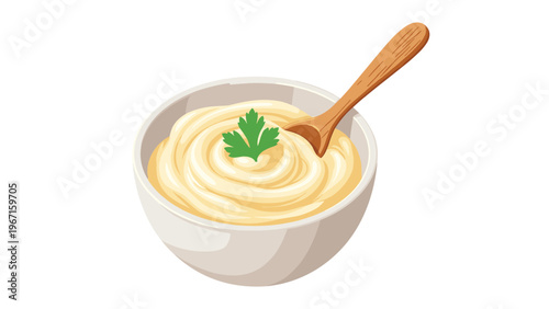 Creamy and smooth mayonnaise with a fresh parsley garnish, served in a white bowl with a wooden spoon, ready for culinary use.