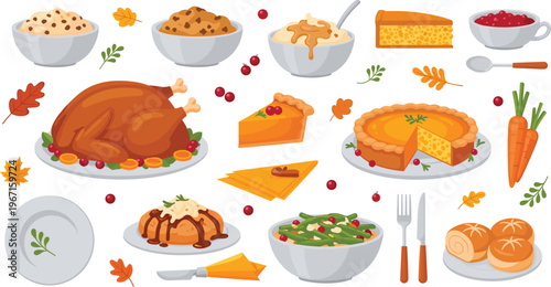 Professional Thanksgiving Dinner and Traditional Food Vector Set Featuring Roasted Turkey Pumpkin Pie Mashed Potatoes and Cranberry Sauce for Holiday Designs
