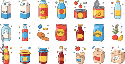 Professional Packaged Food and Snacks Vector Set Featuring Milk Cartons Juice Bottles Canned Goods and Takeout Boxes for Grocery Designs