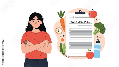 Confident woman showcasing her daily meal plan, surrounded by fresh and healthy ingredients, emphasizing a balanced diet and nutritional awareness.
