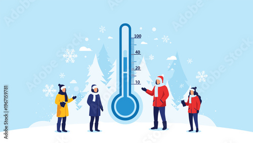 Group of people warmly dressed in winter clothing, standing around a large thermometer in a snowy landscape, discussing cold weather and low temperatures.