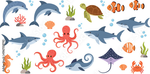 Professional Marine Life and Underwater Creatures Vector Set Featuring Sharks Dolphins Octopus Sea Turtle and Stingray for Ocean Designs