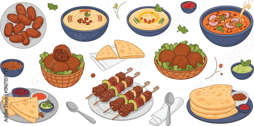 Professional Middle Eastern Food and Traditional Cuisine Vector Set Featuring Falafel Hummus Kebabs Pita Bread and Dates for Restaurant Menu Designs