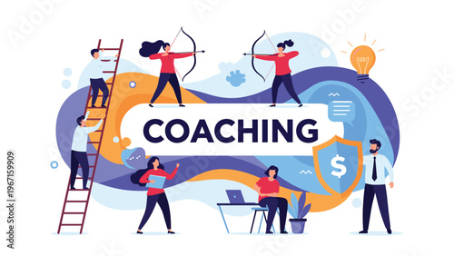 Dynamic group of individuals engaged in coaching for success, demonstrating goal setting, learning, and strategic development with arrows and a shield.