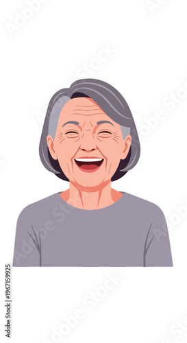 A joyful senior woman with gray hair smiling broadly in a flat style illustration