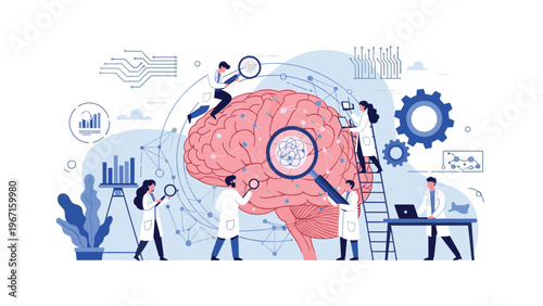Dedicated team of scientists and researchers meticulously studying a large human brain, utilizing magnifying glasses and data analysis for neuroscience and medical innovation.