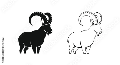 Two depictions of a mountain goat one a striking black silhouette