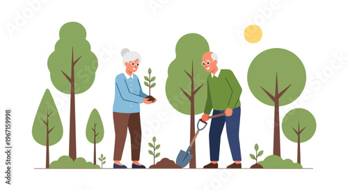 An elderly couple plants a young tree together in a sunny green park landscape