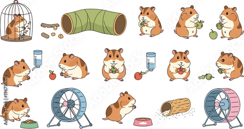 Professional Cute Hamsters and Pet Care Vector Set Featuring Cartoon Rodents Eating Apples Running on Wheels and Playing for Veterinary Designs