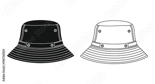 Two bucket hats one solid black and one outlined shown in a graphic silhouette