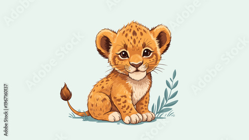 Adorable and charming cartoon lion cub with a playful expression, sitting gracefully among delicate green leaves, capturing its innocent beauty.