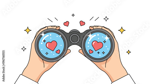 Hands holding binoculars with sparkling lenses reflecting bright red hearts, symbolizing the enthusiastic search for love, romance, and new connections.