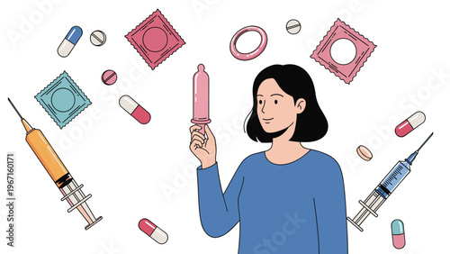 Woman holding a condom, surrounded by various contraceptives and birth control methods like pills and injections, emphasizing sexual health and family planning.