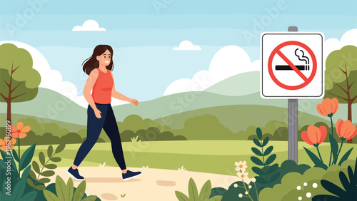 Woman enjoying a refreshing walk in a beautiful green park with a clear "No Smoking" sign, promoting healthy living and a clean environment.