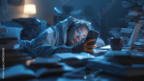 Teenager exhausted by latenight studying with scrolling phone amidst messy desk.