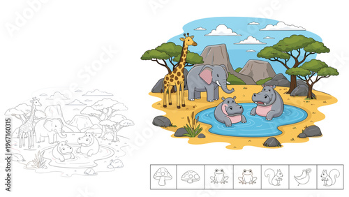 Colorful illustration and outline drawing for a coloring page featuring various safari animals like giraffes, elephants, and hippos in a vibrant landscape.