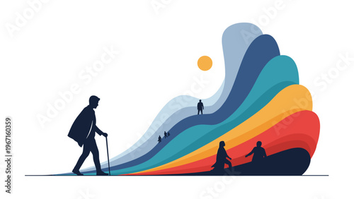 Artistic representation of the stages of life, showing a man aging from youth to old age, walking along a vibrant, wavy path of growth and experience.