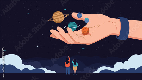 Enchanting illustration of a giant hand gently holding several planets of the universe, observed by two people under a starry night sky, symbolizing wonder and connection.