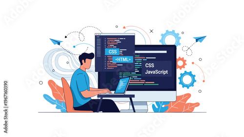 Focused man working on web development, coding HTML, CSS, and JavaScript on a laptop and desktop, demonstrating front-end programming and digital creation.