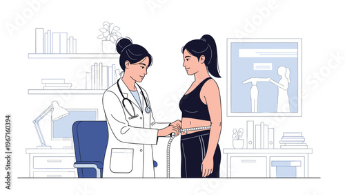 Professional female doctor conducting a body check-up and measuring a woman's waist, emphasizing health, wellness, and fitness goals in a clinic setting.