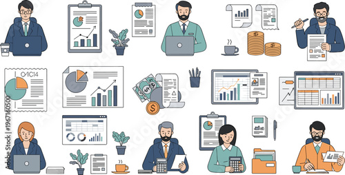Professional Business Finance and Data Analytics Vector Set Featuring Accountants Working on Laptops Calculating Taxes and Analyzing Financial Charts for Corporate Designs