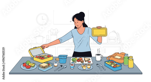 A stressed woman stands in a kitchen preparing lunchboxes filled with healthy food