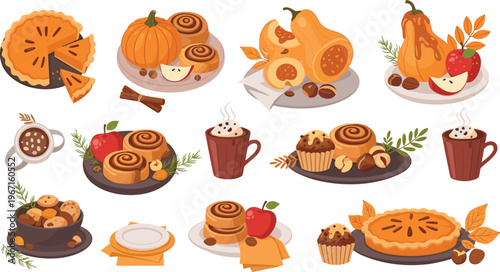 Professional Autumn Desserts and Baking Vector Set Featuring Pumpkin Pie Cinnamon Rolls Muffins Hot Chocolate and Apples for Thanksgiving Designs