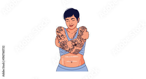 A short-haired woman with arm tattoos embracing herself with a healing scar