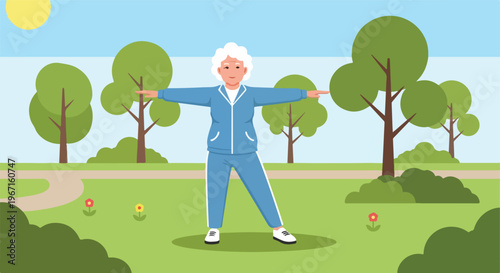 An elderly woman wearing a blue tracksuit performs outdoor exercise in a park
