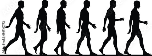 Set of male walking silhouettes in different step positions isolated on white background for motion study, animation reference and design use