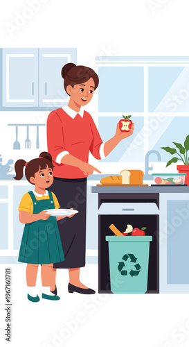 A mother showing her daughter how to sort organic food waste in the home kitchen