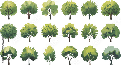 Cartoon style green trees collection, decorative leafy tree set, stylized nature elements isolated vector illustration for landscaping, game design, and outdoor scenes