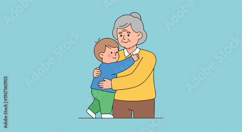 An illustration of a toddler hugging their grandmother on a light blue background