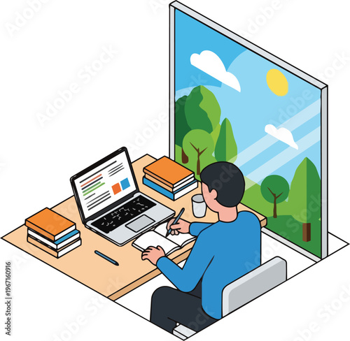 Isometric Illustration of a Man Working at Home Office Desk with Laptop and Books, Enjoying Nature View Through a Large Window for Productivity and Remote Work Concepts