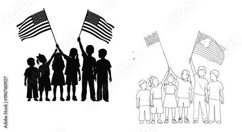 Children waving american flags in a patriotic display black silhouette