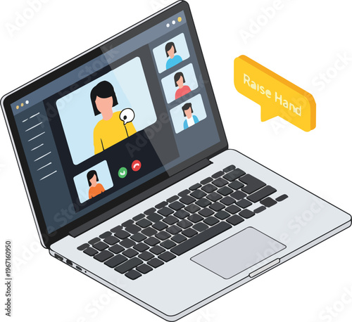 Isometric Laptop with Online Video Conference Call and Raise Hand Notification Icon for Virtual Meetings