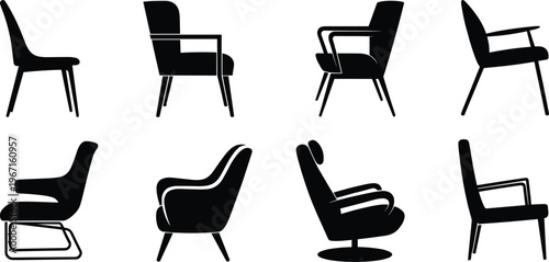 Set of modern chair silhouettes isolated on white background including armchairs, office chairs and lounge seats for furniture design use